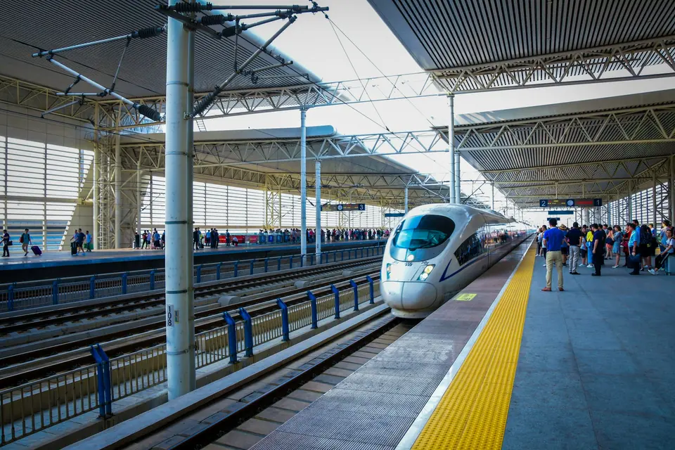 A high-speed train arriving at a station in China